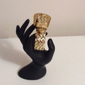Vintage gold tone belt buckle adjustable bracelet metal w/ diamond weave fabric